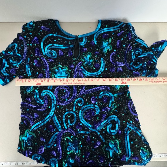 VINTAGE Laurence Kazar 100% Silk all over Sequin Formal Cocktail Top Size M - Picture 5 of 11
